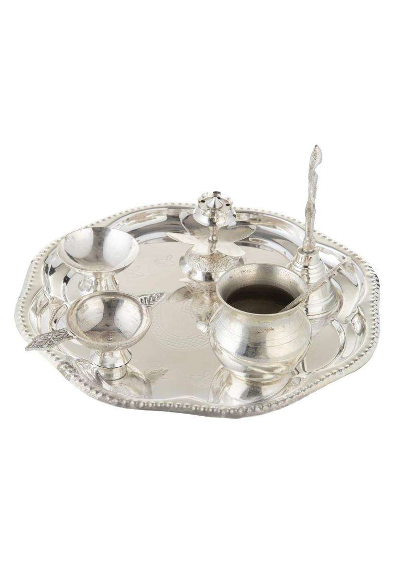 Rkonect Silver Big Om Aarti Pooja Thali Pcs for Diwali Set of 7 - Indya