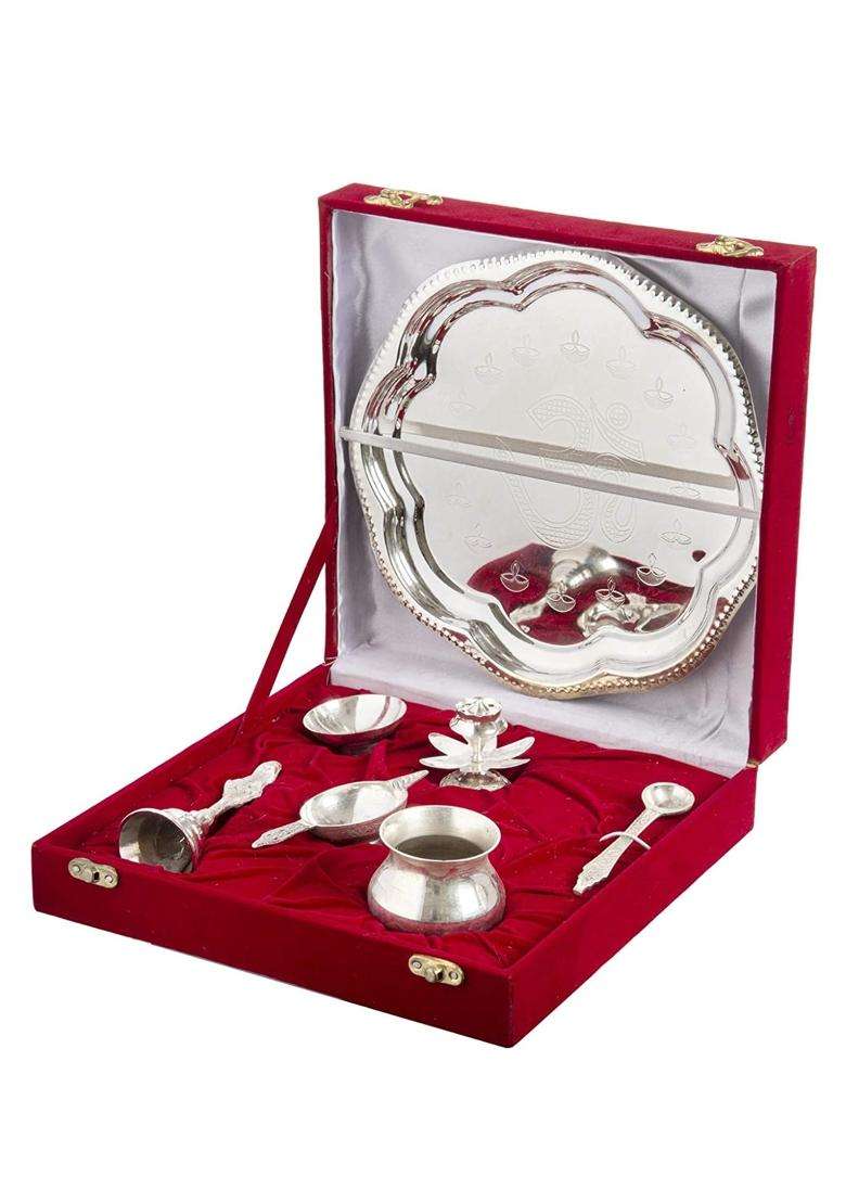 Rkonect Silver Big Om Aarti Pooja Thali Pcs for Diwali Set of 7 - Indya