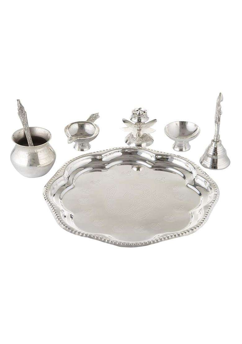 Rkonect Silver Big Om Aarti Pooja Thali Pcs for Diwali Set of 7 - Indya