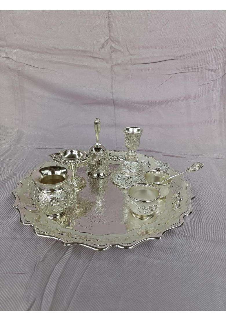 Jay Thakar Tranding India Pure Silver Pooja Thali Set Silver - Indya