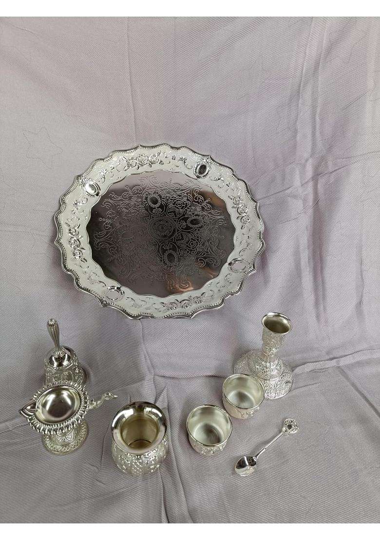 Jay Thakar Tranding India Pure Silver Pooja Thali Set Silver - Indya