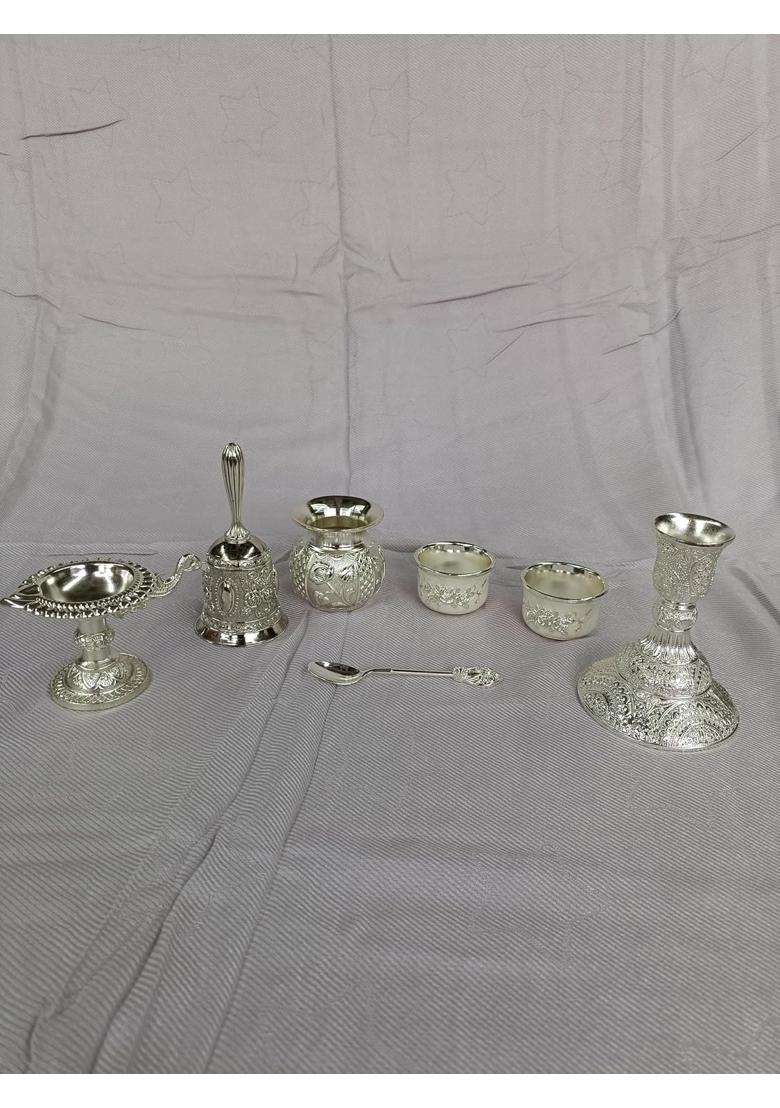 Jay Thakar Tranding India Pure Silver Pooja Thali Set Silver - Indya