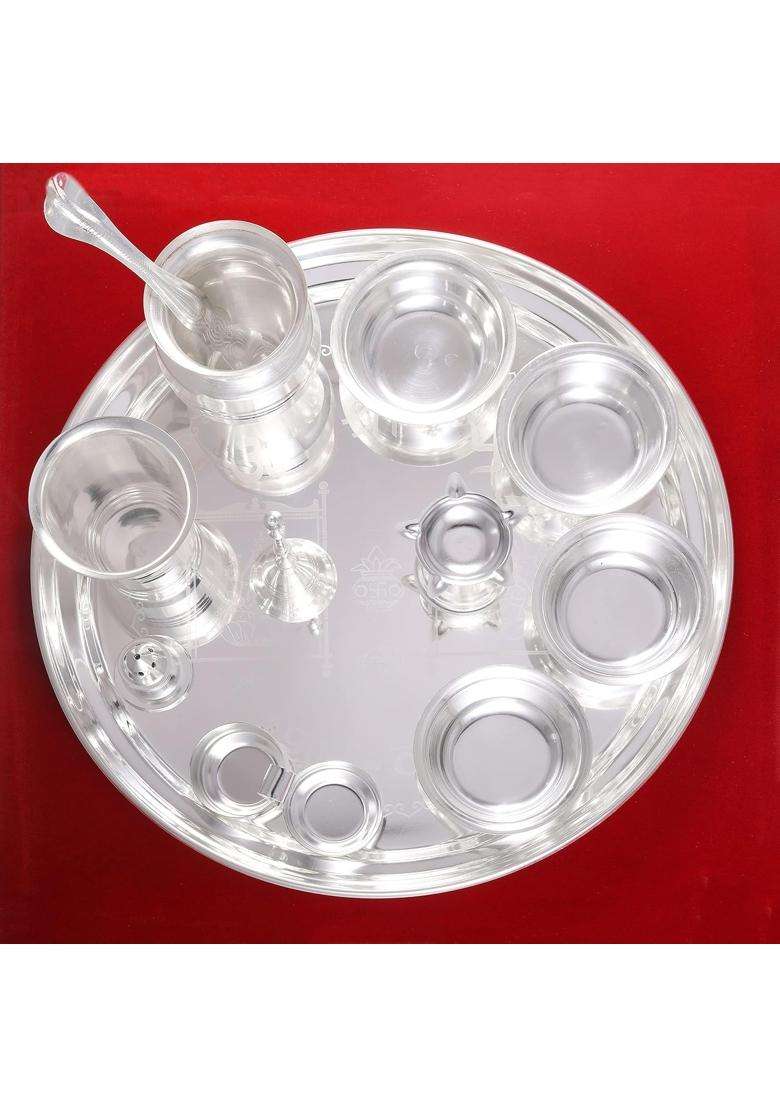OJAS Designer Silver Plated New Laxmi Thali Pooja Set for Gifting Return Gifting Occasionally Gifting - Indya