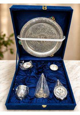 Decorglobe Pooja Thali Set with Box Silver Plated Puja Thali with Diya Kalash Bell Bowls and Panchpatra