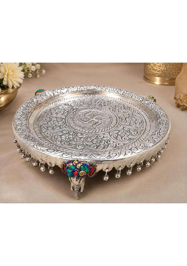 Decorglobe Pooja Thali Set with Box Silver Plated Puja Thali with Diya Kalash Bell Bowls and Panchpatra - Indya