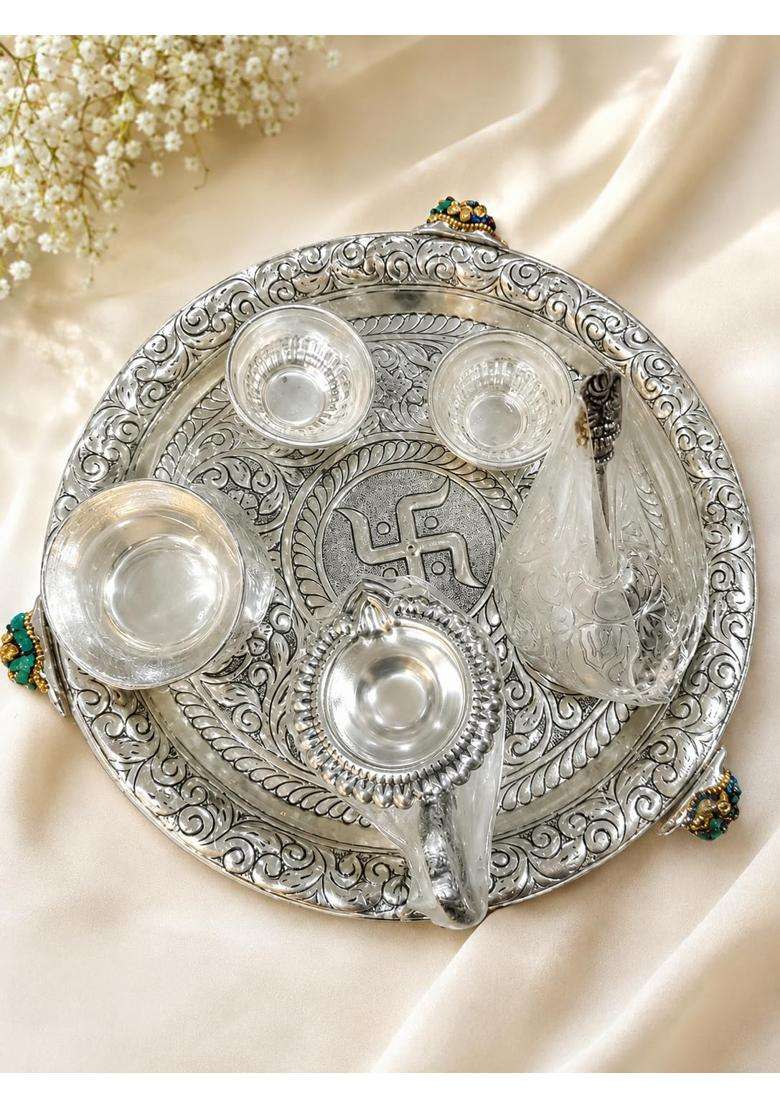Decorglobe Pooja Thali Set with Box Silver Plated Puja Thali with Diya Kalash Bell Bowls and Panchpatra - Indya