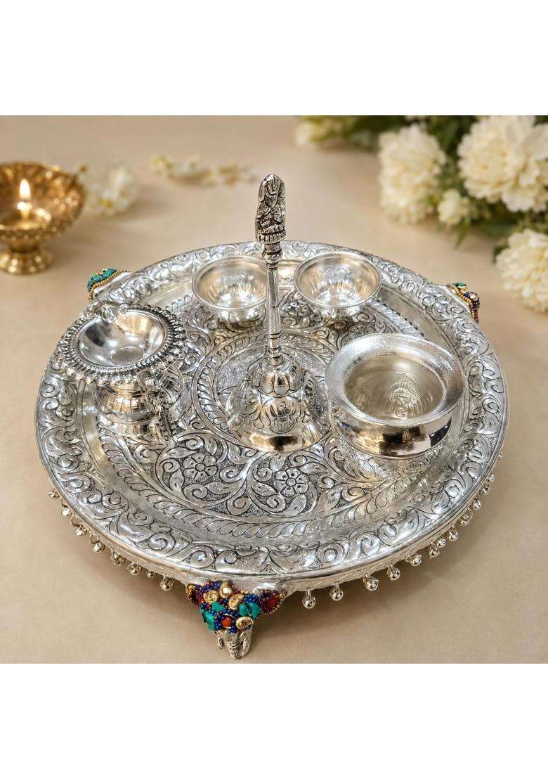 Decorglobe Pooja Thali Set with Box Silver Plated Puja Thali with Diya Kalash Bell Bowls and Panchpatra - Indya