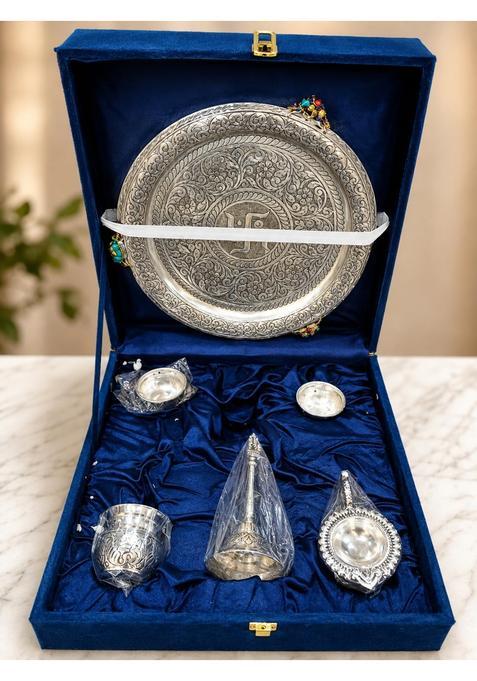 Decorglobe Pooja Thali Set with Box Silver Plated Puja Thali with Diya Kalash Bell Bowls and Panchpatra