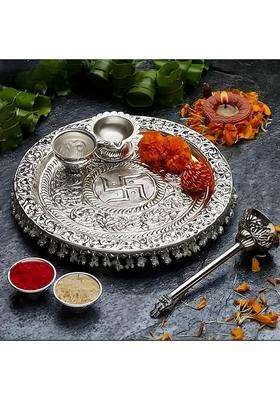 German Silver Heavy Pooja Thali Diameter 10 with Full Ghungroo Layer for Home Temple Decorative Set of 6