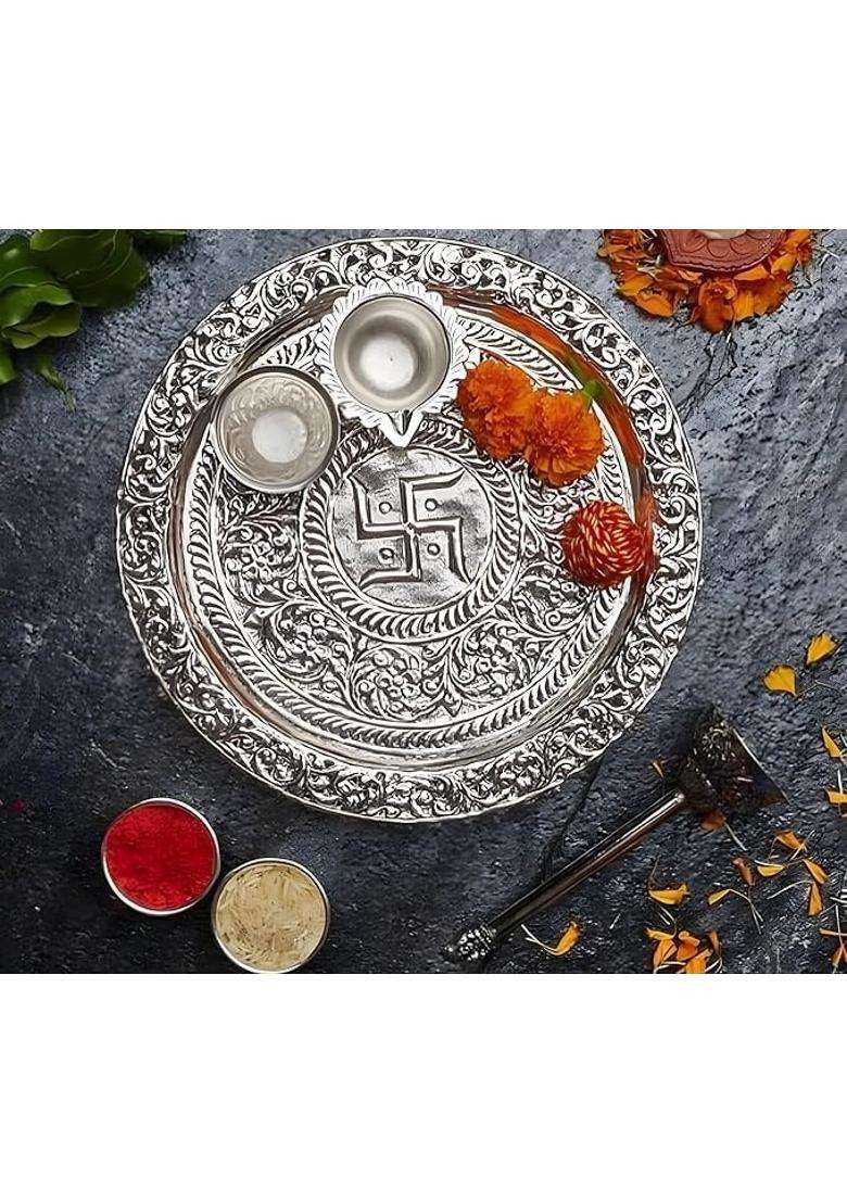 German Silver Heavy Pooja Thali Diameter 10 with Full Ghungroo Layer for Home Temple Decorative Set of 6 - Indya