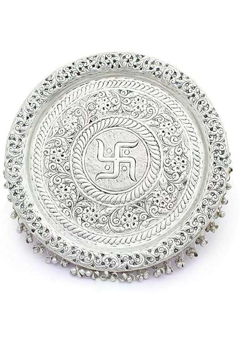 German Silver Heavy Pooja Thali Diameter 10 with Full Ghungroo Layer for Home Temple Decorative Set of 6 - Indya