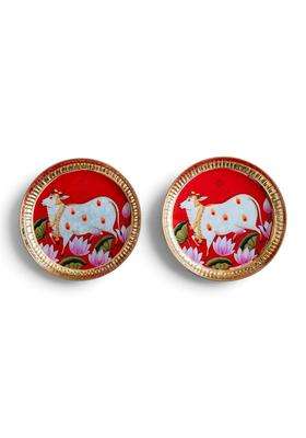 Indian ART Villa Brass Thali with Pichwai Cow Print 7 Inch Decorative Plate for Pooja Serving Set of 2