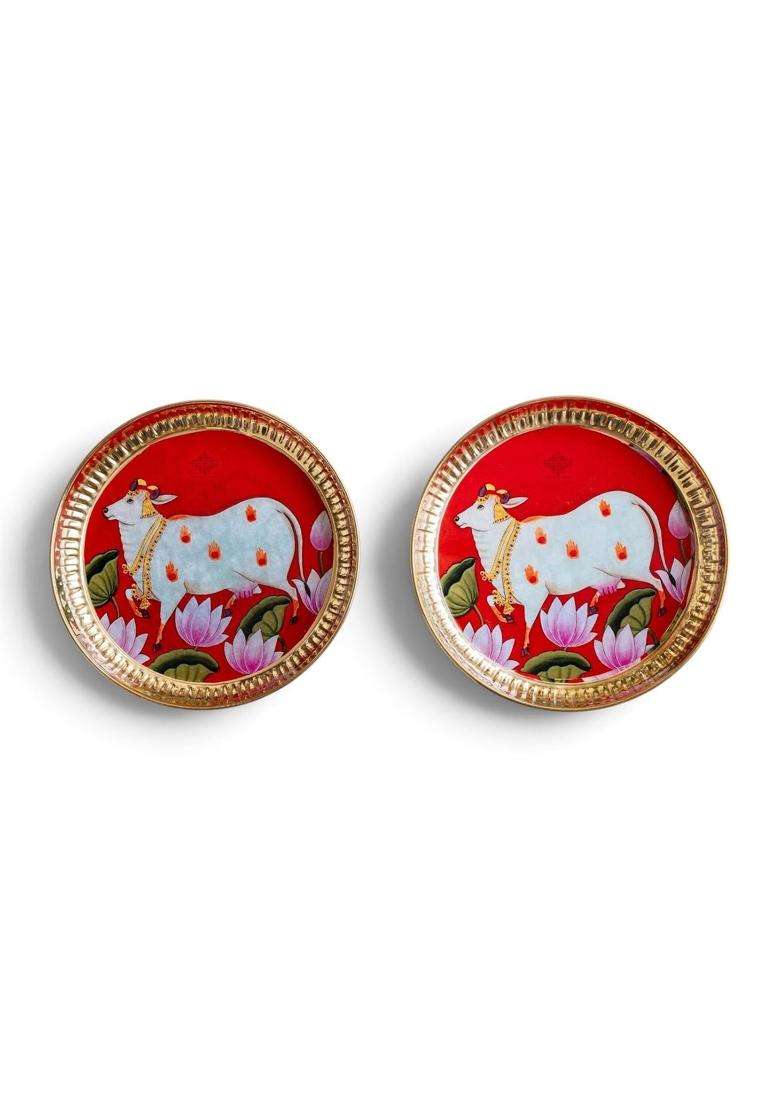 Indian ART Villa Brass Thali with Pichwai Cow Print 7 Inch Decorative Plate for Pooja Serving Set of 2 - Indya
