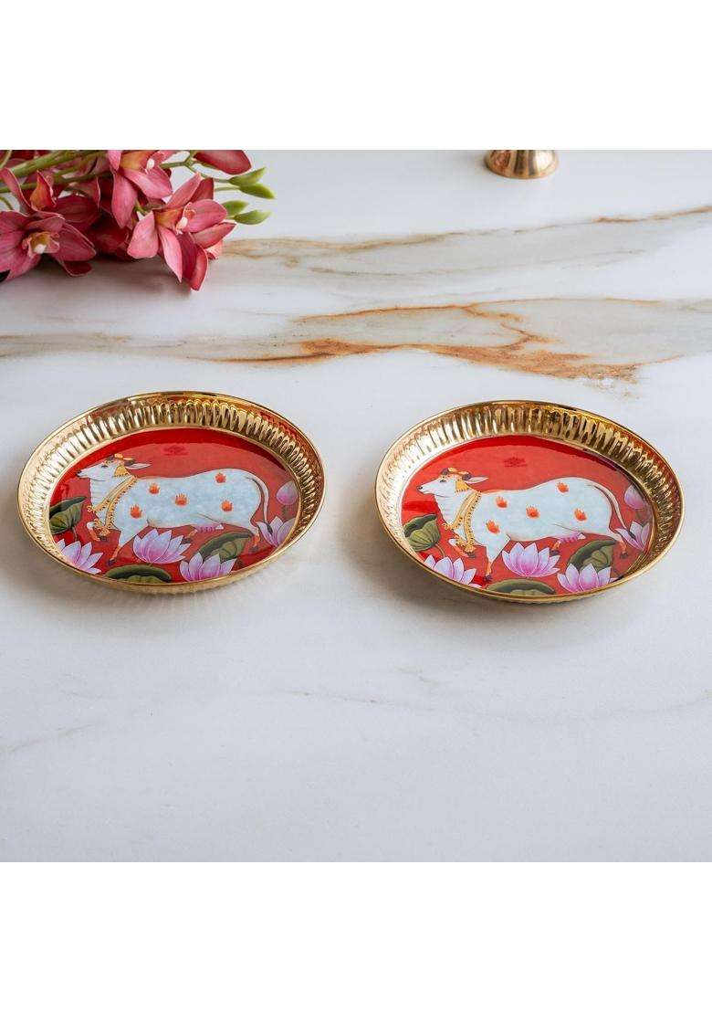 Indian ART Villa Brass Thali with Pichwai Cow Print 7 Inch Decorative Plate for Pooja Serving Set of 2 - Indya