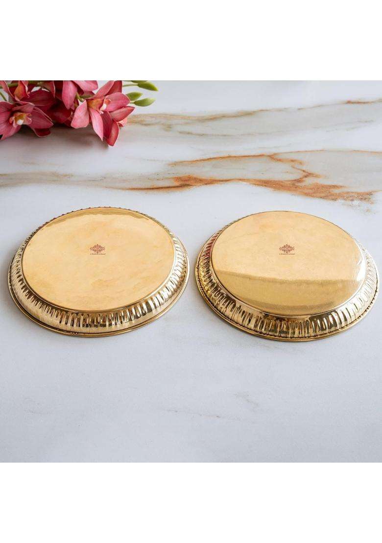 Indian ART Villa Brass Thali with Pichwai Cow Print 7 Inch Decorative Plate for Pooja Serving Set of 2 - Indya