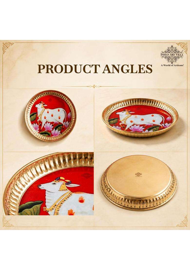 Indian ART Villa Brass Thali with Pichwai Cow Print 7 Inch Decorative Plate for Pooja Serving Set of 2 - Indya