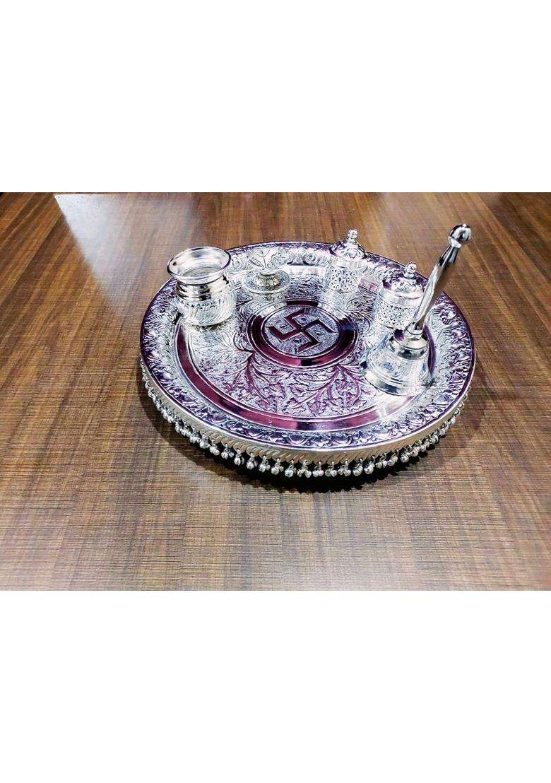 Mishita Collections German Silver Heavy Big Size Pooja Thali Diameter 13 and Half Set of 6 - Indya