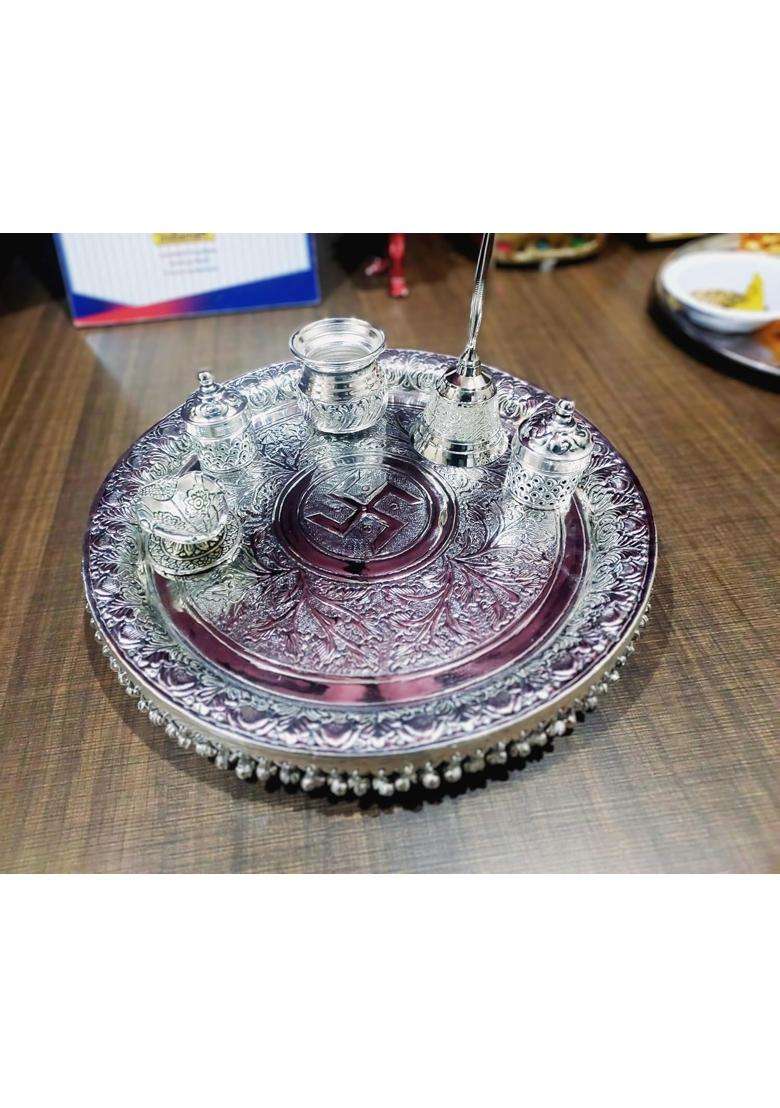 Mishita Collections German Silver Heavy Big Size Pooja Thali Diameter 13 and Half Set of 6 - Indya