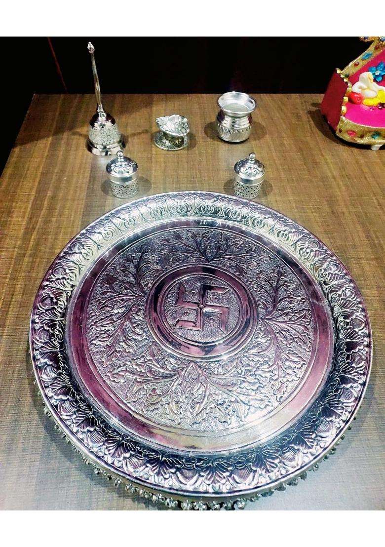 Mishita Collections German Silver Heavy Big Size Pooja Thali Diameter 13 and Half Set of 6 - Indya