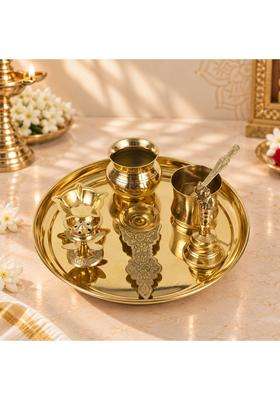 Putrika Yellow Traditional Handcrafted Brass Pooja Thali Set with 10 Inch Plate
