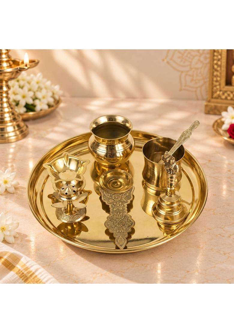 Putrika Yellow Traditional Handcrafted Brass Pooja Thali Set with 10 Inch Plate - Indya