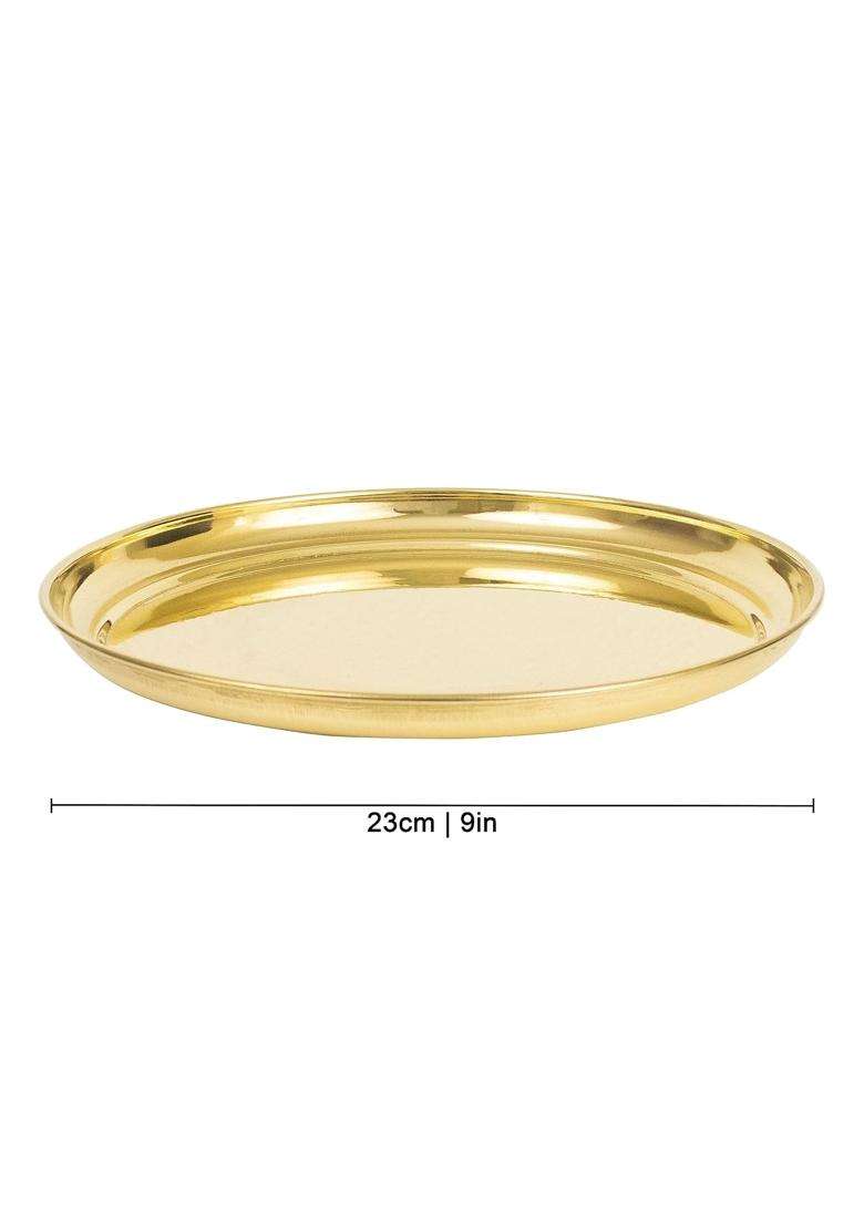 Putrika Yellow Traditional Handcrafted Brass Pooja Thali Set with 10 Inch Plate - Indya