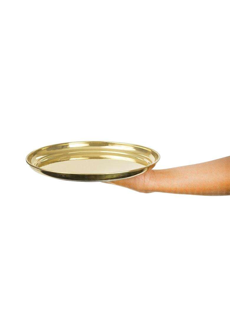 Putrika Yellow Traditional Handcrafted Brass Pooja Thali Set with 10 Inch Plate - Indya