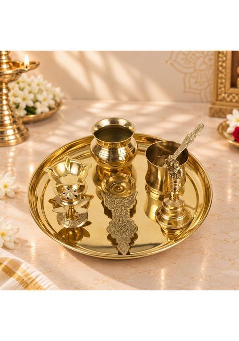 Putrika Yellow Traditional Handcrafted Brass Pooja Thali Set with 10 Inch Plate