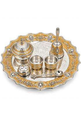 Smarm Mirza Handicraft Premium German Silver Pooja Thali Orange Set of 7