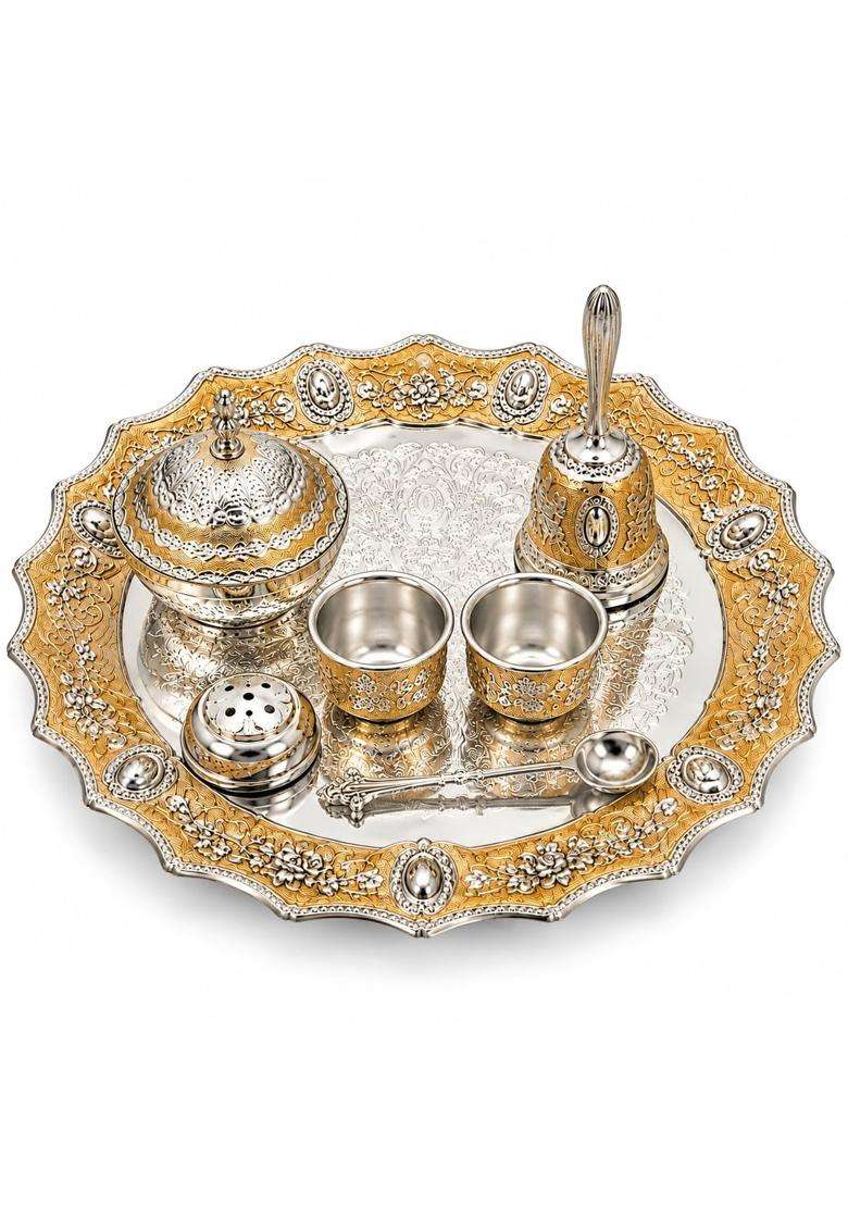 Smarm Mirza Handicraft Premium German Silver Pooja Thali Orange Set of 7 - Indya