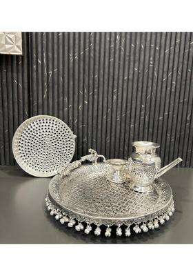 Mishita Collections German Silver Hand Engraved Heavy Peacock Design Karwa Chauth Pooja Thali Set of 4