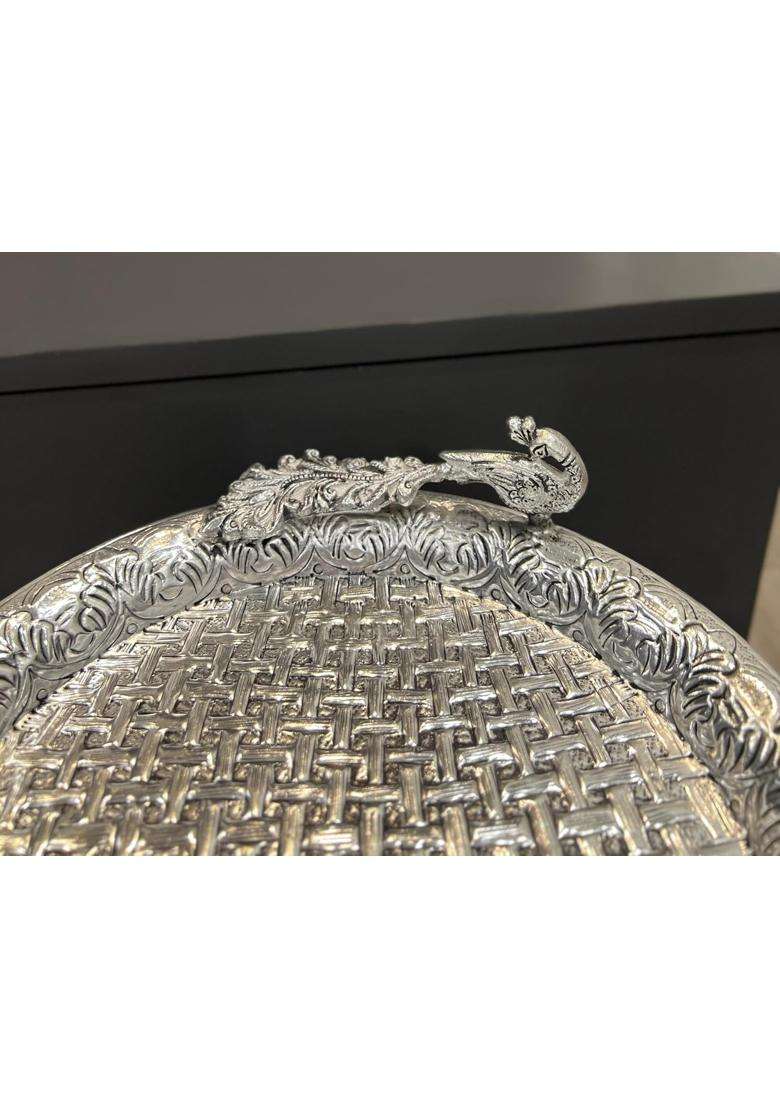 Mishita Collections German Silver Hand Engraved Heavy Peacock Design Karwa Chauth Pooja Thali Set of 4 - Indya