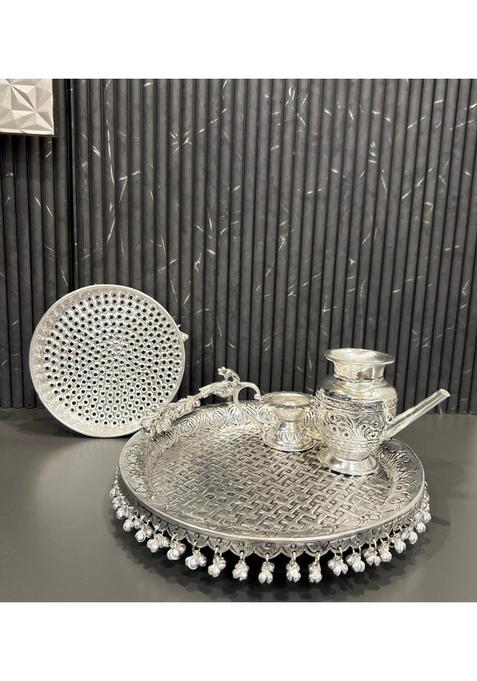 Mishita Collections German Silver Hand Engraved Heavy Peacock Design Karwa Chauth Pooja Thali Set of 4