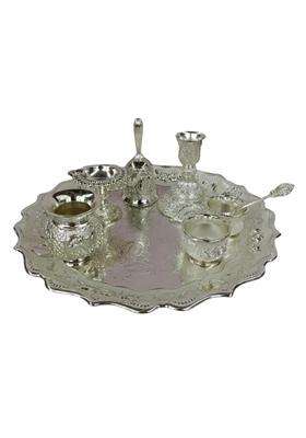 Jay Creation German Silver Coting Pooja Thali Set for Home Temple