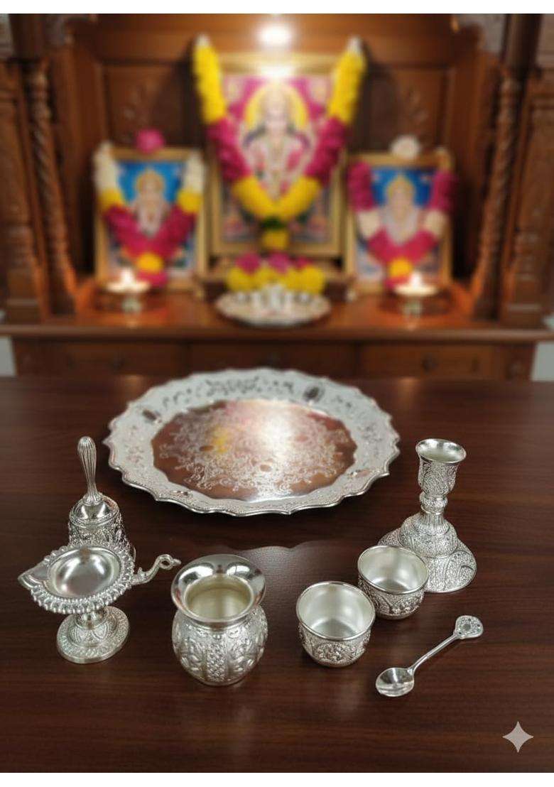 Jay Creation German Silver Coting Pooja Thali Set for Home Temple - Indya