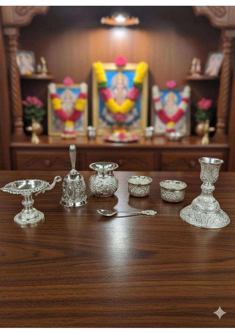 Jay Creation German Silver Coting Pooja Thali Set for Home Temple - Indya