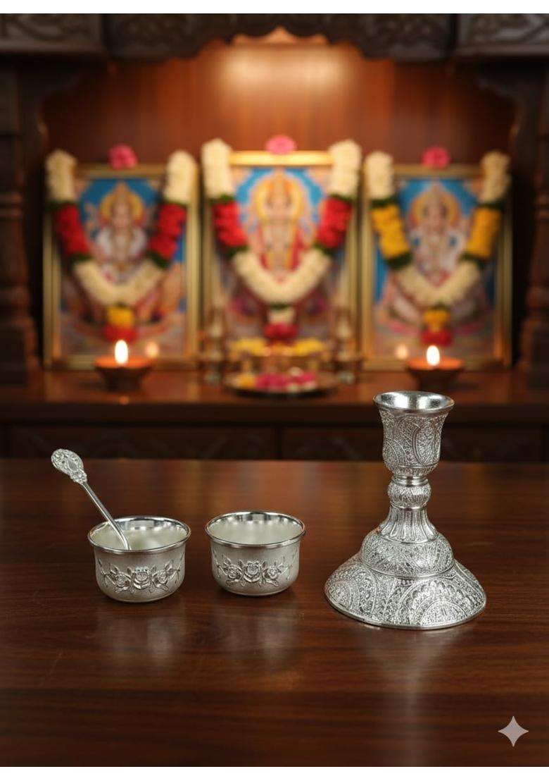 Jay Creation German Silver Coting Pooja Thali Set for Home Temple - Indya