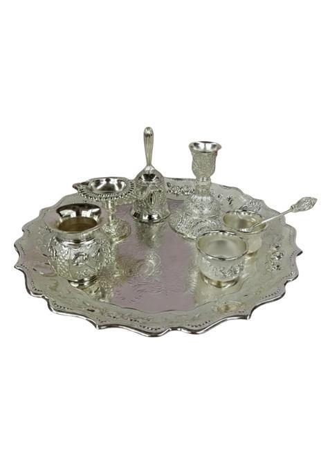 Jay Creation German Silver Coting Pooja Thali Set for Home Temple