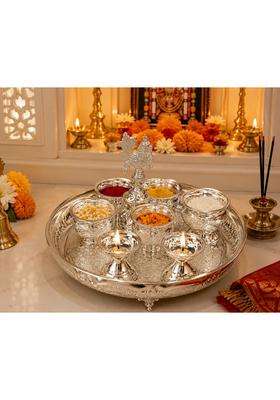 Sgr Handicrafts German Silver Pooja Thali Set with Laser Etching and Elephant Legs