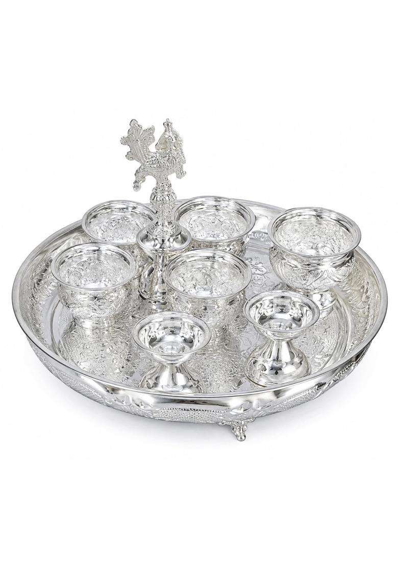 Sgr Handicrafts German Silver Pooja Thali Set with Laser Etching and Elephant Legs - Indya