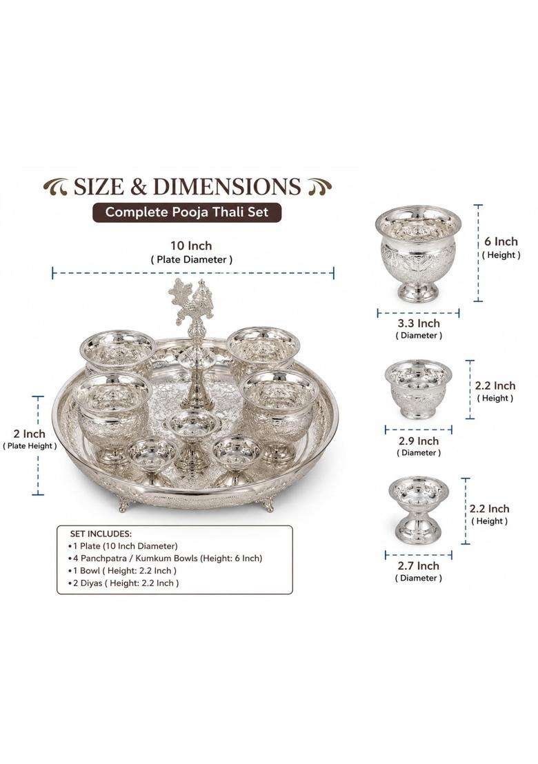 Sgr Handicrafts German Silver Pooja Thali Set with Laser Etching and Elephant Legs - Indya