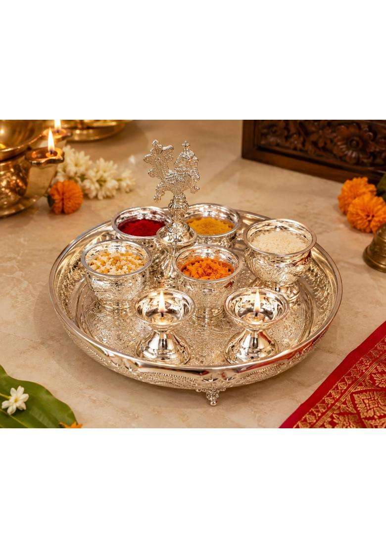 Sgr Handicrafts German Silver Pooja Thali Set with Laser Etching and Elephant Legs - Indya