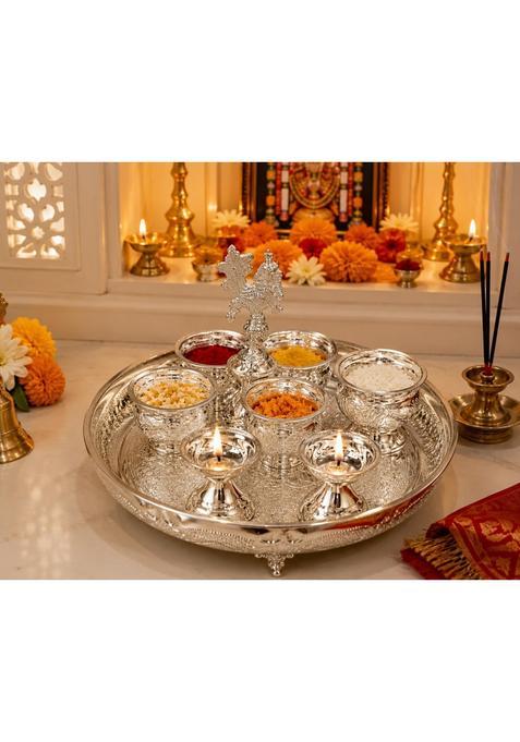 Sgr Handicrafts German Silver Pooja Thali Set with Laser Etching and Elephant Legs