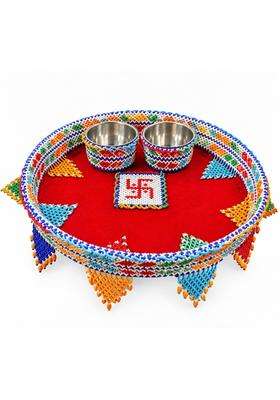 Multicolor Handcrafted Beaded Pooja Thali Set with 2 Bowls