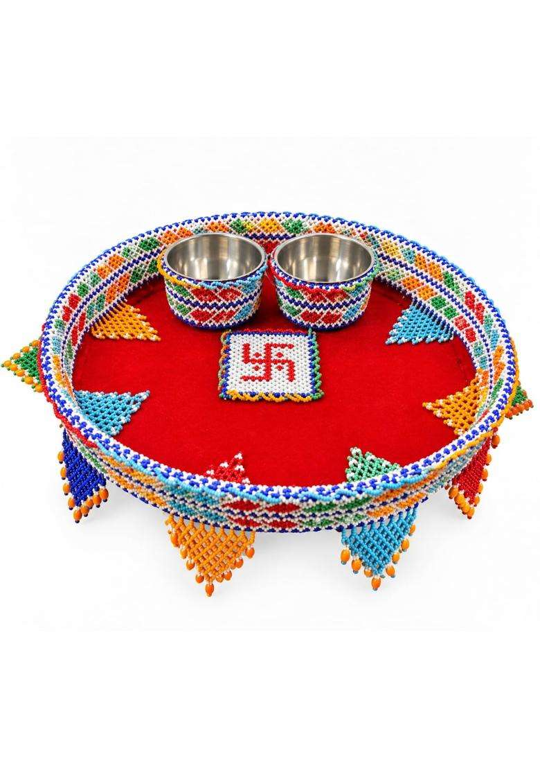 Multicolor Handcrafted Beaded Pooja Thali Set with 2 Bowls - Indya