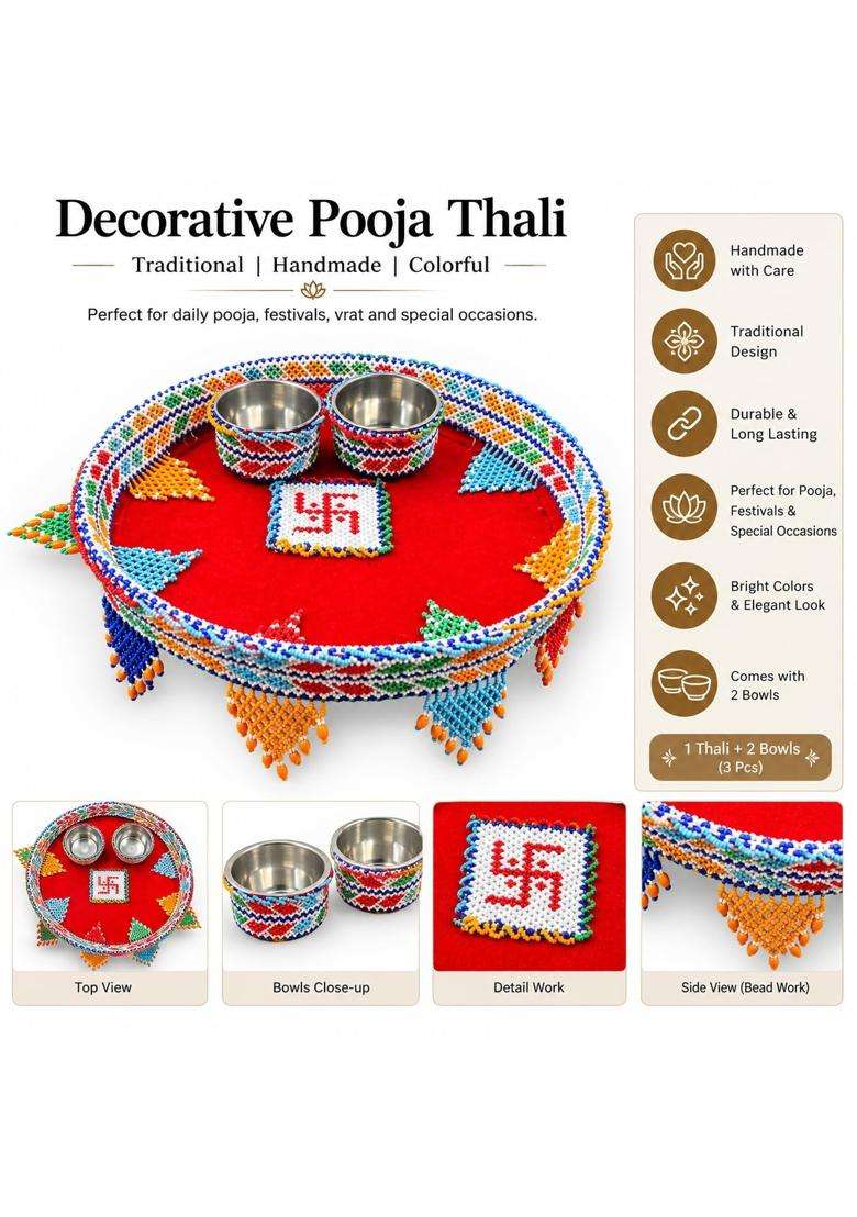 Multicolor Handcrafted Beaded Pooja Thali Set with 2 Bowls - Indya