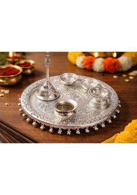 Shivisoni Jewel and Crafts German Silver Hand Engraved Heavy Pooja Thali Diameter 10 and Half Set of 6
