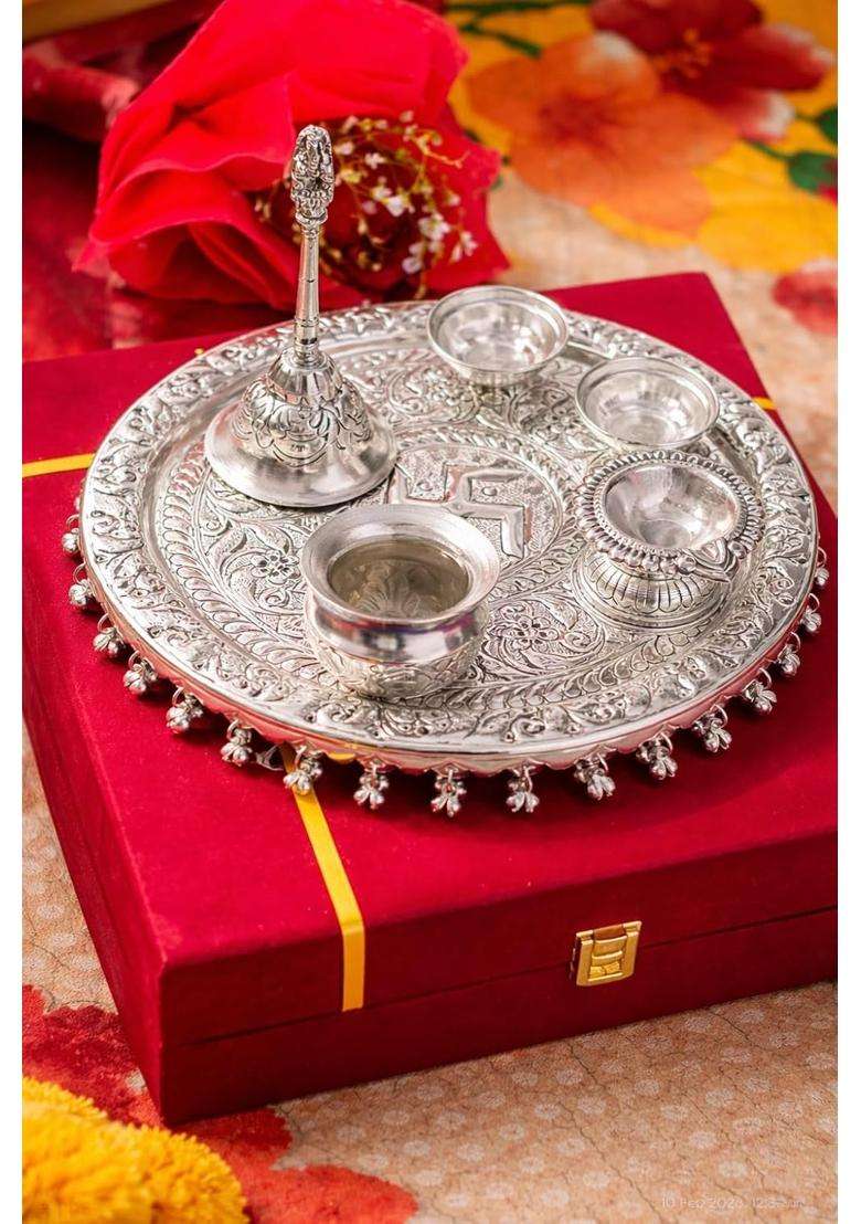 Shivisoni Jewel and Crafts German Silver Hand Engraved Heavy Pooja Thali Diameter 10 and Half Set of 6 - Indya