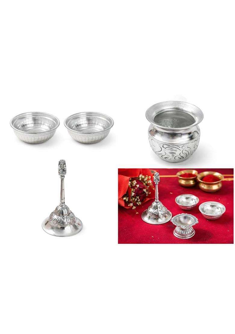 Shivisoni Jewel and Crafts German Silver Hand Engraved Heavy Pooja Thali Diameter 10 and Half Set of 6 - Indya