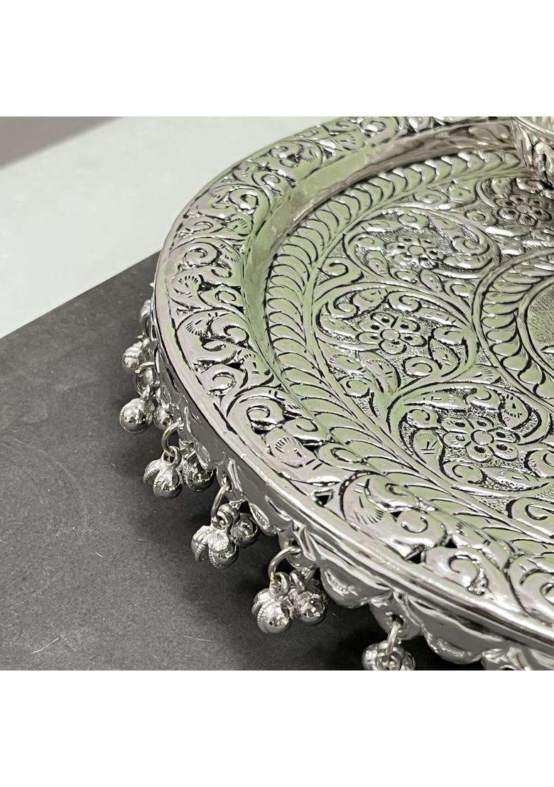 Shivisoni Jewel and Crafts German Silver Hand Engraved Heavy Pooja Thali Diameter 10 and Half Set of 6 - Indya